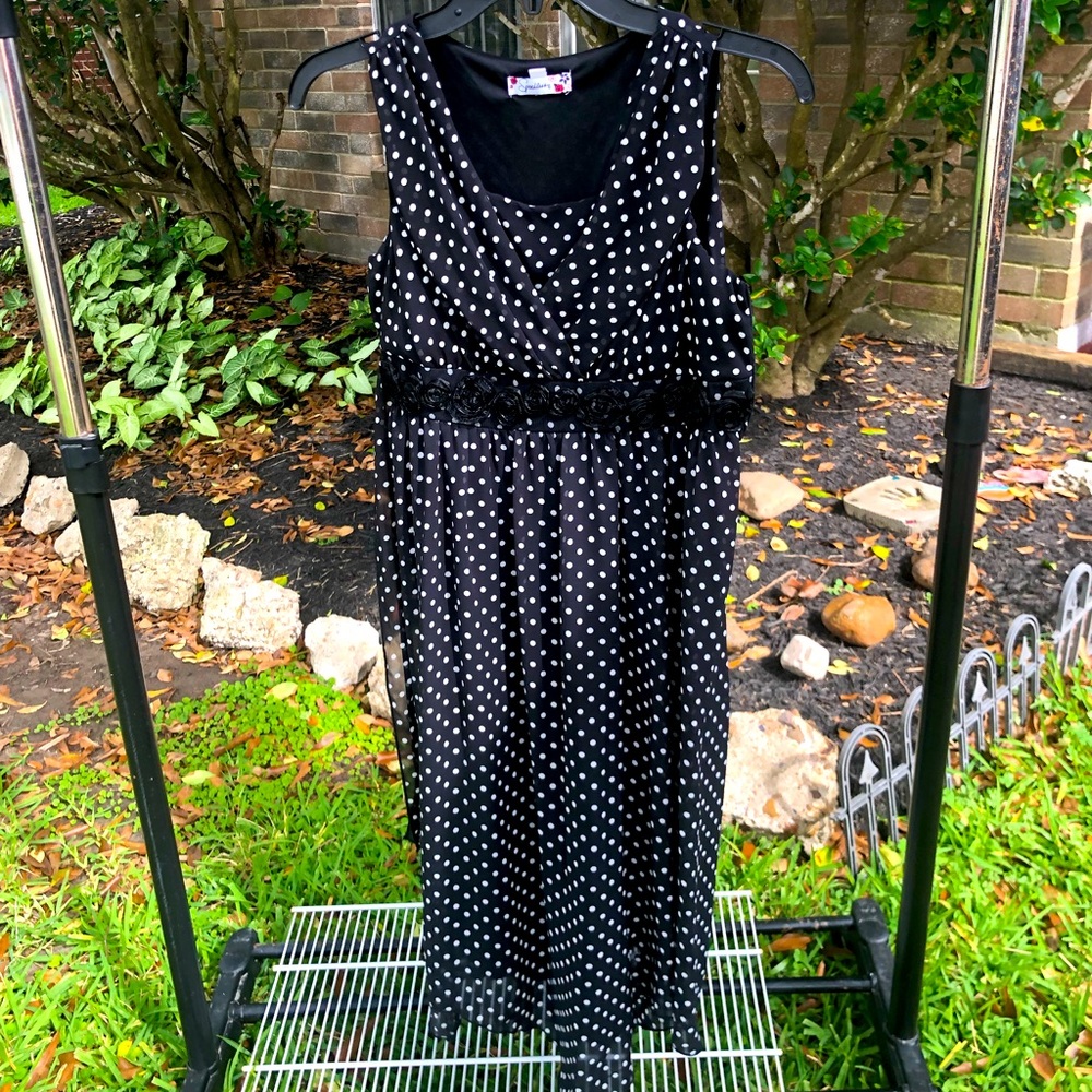 Black and White polka dot flowy dress with black flowers